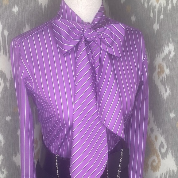 Ralph Lauren Blue Label Tops - Ralph Lauren Purple Pinstripe Pussy Bow Blouse